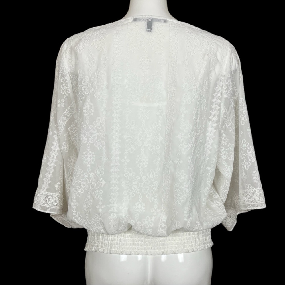WHBM White Embroidered Kimono Sleeve Smocked Waist Surplice Blouse Size Large - Picture 9 of 15